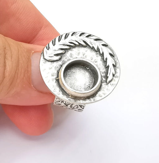 Fern Leaf Ring Blank Settings, Cabochon Mounting, Adjustable Resin Ring Base Bezel, Antique Silver Inlay Mosaic Ring Bezel (10mm) G28571