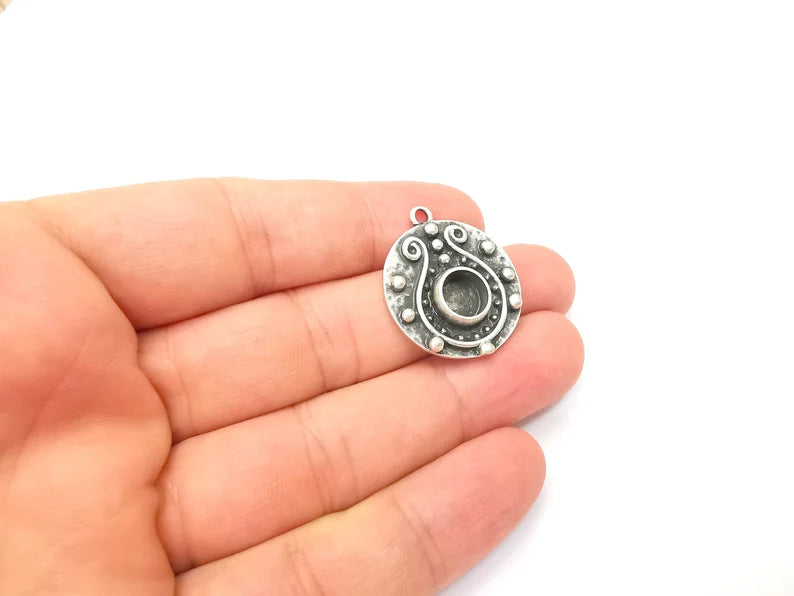 Unique Pendant Bezel, Resin Blank, inlay Mounting, Mosaic Frame Cabochon Base Dry Flower Setting, Antique Silver Plated (8mm) G28570