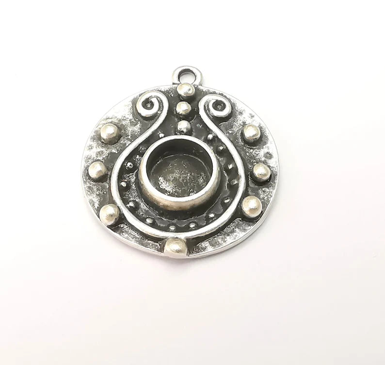 Unique Pendant Bezel, Resin Blank, inlay Mounting, Mosaic Frame Cabochon Base Dry Flower Setting, Antique Silver Plated (8mm) G28570