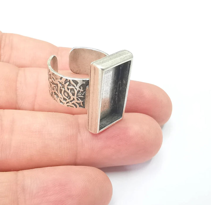 Rectangle Antique Silver Ring Blank Settings, Cabochon Mounting, Adjustable Resin Ring Base Bezel, Inlay Mosaic Ring Bezel (25x10mm) G28592