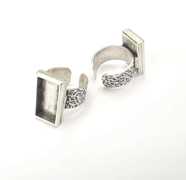 Rectangle Antique Silver Ring Blank Settings, Cabochon Mounting, Adjustable Resin Ring Base Bezel, Inlay Mosaic Ring Bezel (25x10mm) G28592