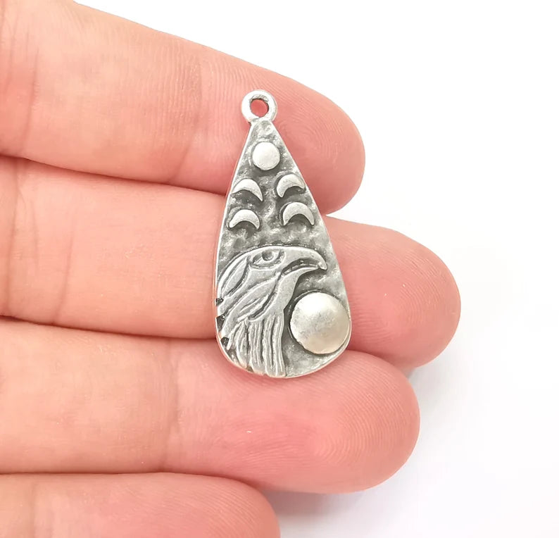 Moon Crescent Raven Charms, Eagle Charms, The Phases of The Moon, Antique Silver Plated Charms (33x16mm) G28593