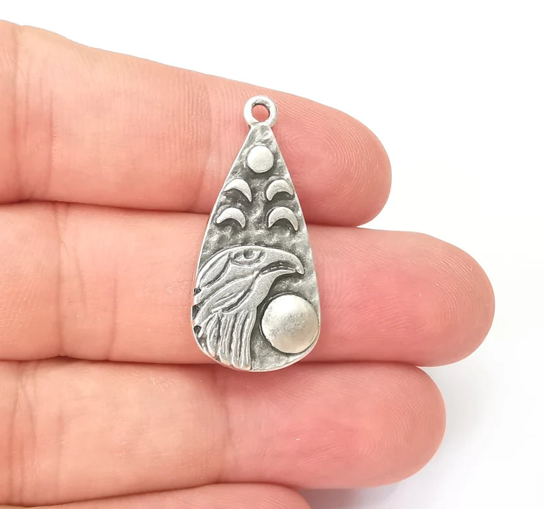 Moon Crescent Raven Charms, Eagle Charms, The Phases of The Moon, Antique Silver Plated Charms (33x16mm) G28593