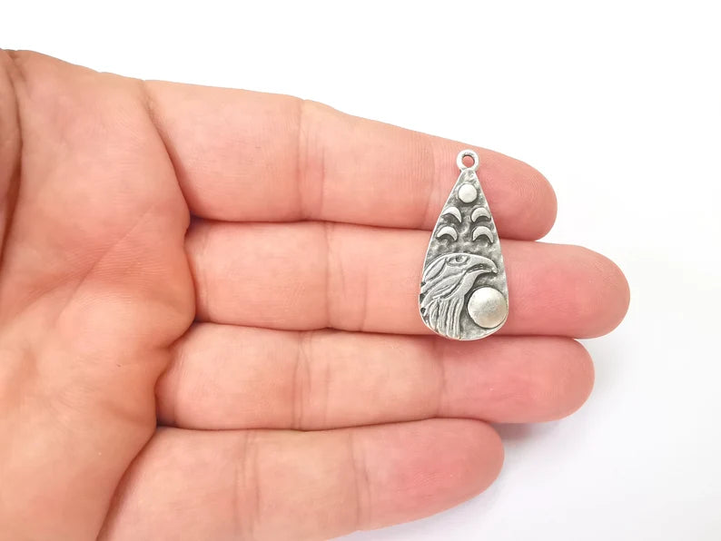 Moon Crescent Raven Charms, Eagle Charms, The Phases of The Moon, Antique Silver Plated Charms (33x16mm) G28593