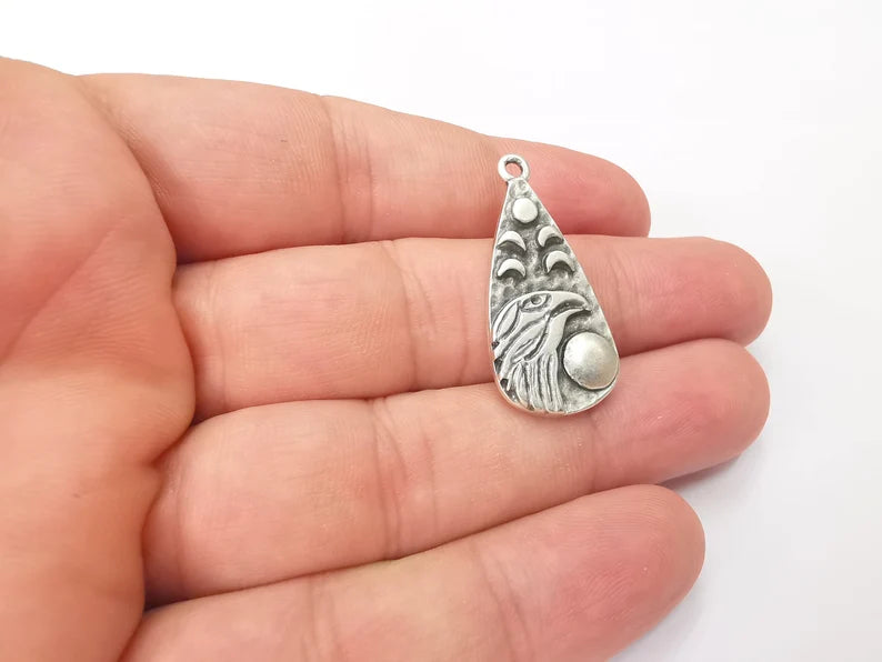 Moon Crescent Raven Charms, Eagle Charms, The Phases of The Moon, Antique Silver Plated Charms (33x16mm) G28593