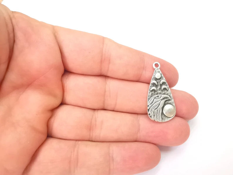 Moon Crescent Raven Charms, Eagle Charms, The Phases of The Moon, Antique Silver Plated Charms (33x16mm) G28593