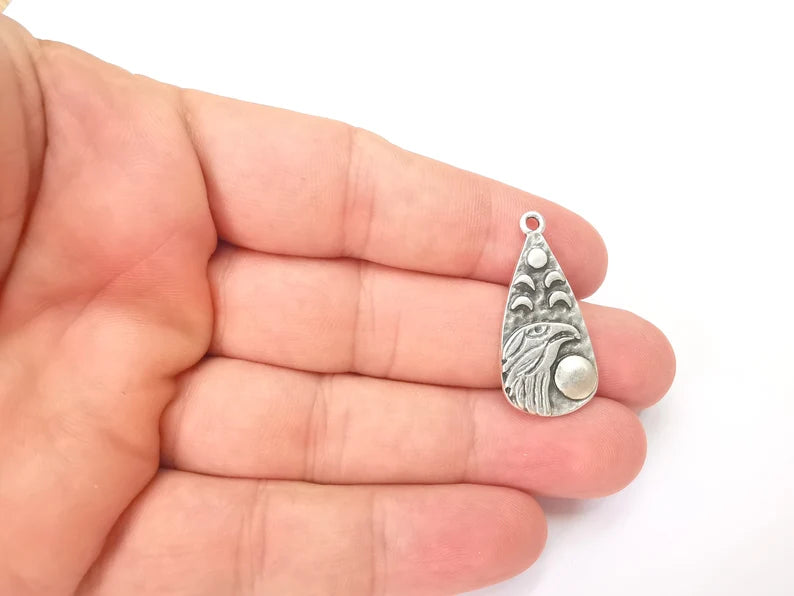 Moon Crescent Raven Charms, Eagle Charms, The Phases of The Moon, Antique Silver Plated Charms (33x16mm) G28593