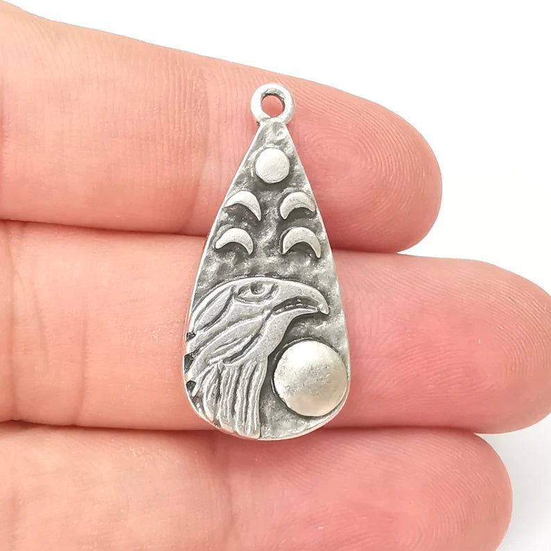 Moon Crescent Raven Charms, Eagle Charms, The Phases of The Moon, Antique Silver Plated Charms (33x16mm) G28593