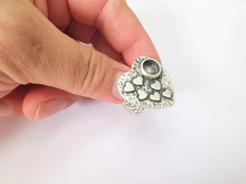 Heart Ring Blank Setting, Cabochon Mounting, Adjustable Resin Ring Base Bezels, Antique Silver Inlay Ring Mosaic Ring Bezel (8mm) G28595