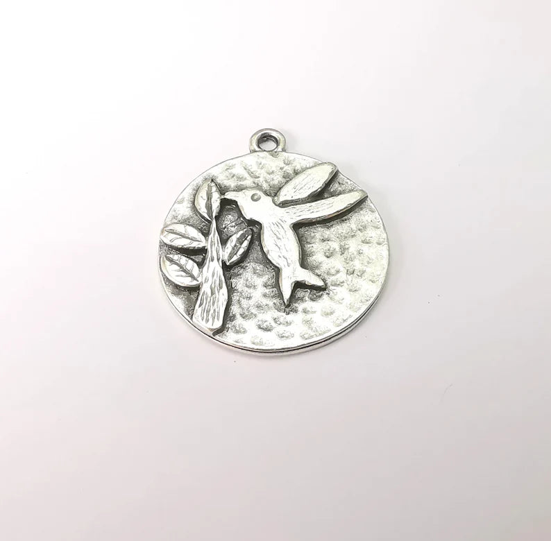 Hummingbird and Flower Charms, Antique Silver Plated Bird Charms (25mm) G28596
