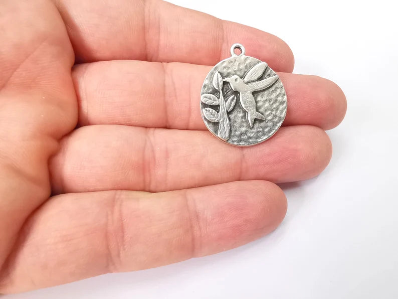 Hummingbird and Flower Charms, Antique Silver Plated Bird Charms (25mm) G28596