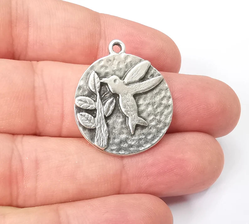 Hummingbird and Flower Charms, Antique Silver Plated Bird Charms (25mm) G28596