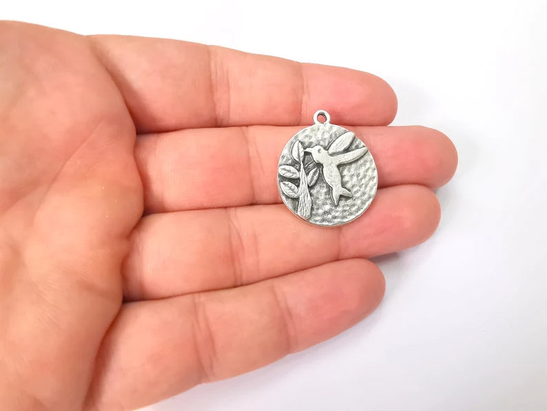 Hummingbird and Flower Charms, Antique Silver Plated Bird Charms (25mm) G28596