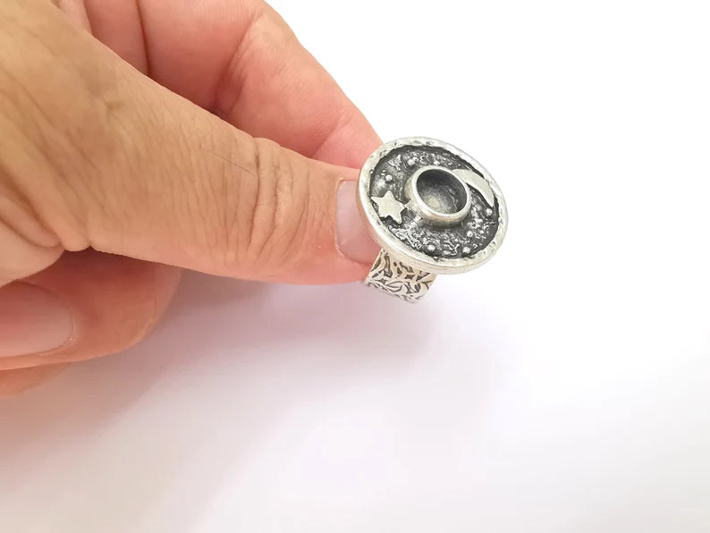 Moon and Star Ring Blank Setting, Cabochon Mounting, Adjustable Resin Ring Base, Antique Silver Inlay Mosaic Ring Bezel (8mm) G28599