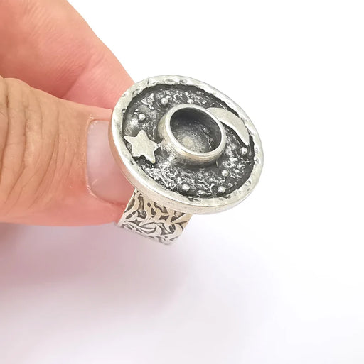 Moon and Star Ring Blank Setting, Cabochon Mounting, Adjustable Resin Ring Base, Antique Silver Inlay Mosaic Ring Bezel (8mm) G28599
