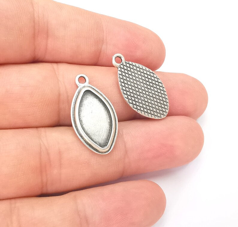 Marquise Charm Bezel, Resin Blank, inlay Mounting, Mosaic Pendant Frame, Cabochon Base,Dry Flower Setting, Antique Silver (18x10mm) G28601