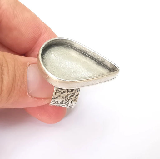 Teardrop Antique Silver Ring Blank Settings, Cabochon Mounting, Adjustable Resin Ring Base Bezel, Inlay Mosaic Ring Bezel (30x22mm) G28603
