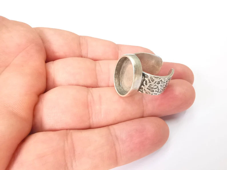 Oval Antique Silver Ring Blank Setting, Cabochon Mounting, Adjustable Resin Ring Base Bezels, Inlay Ring Mosaic Ring Bezel (18x13mm) G28606
