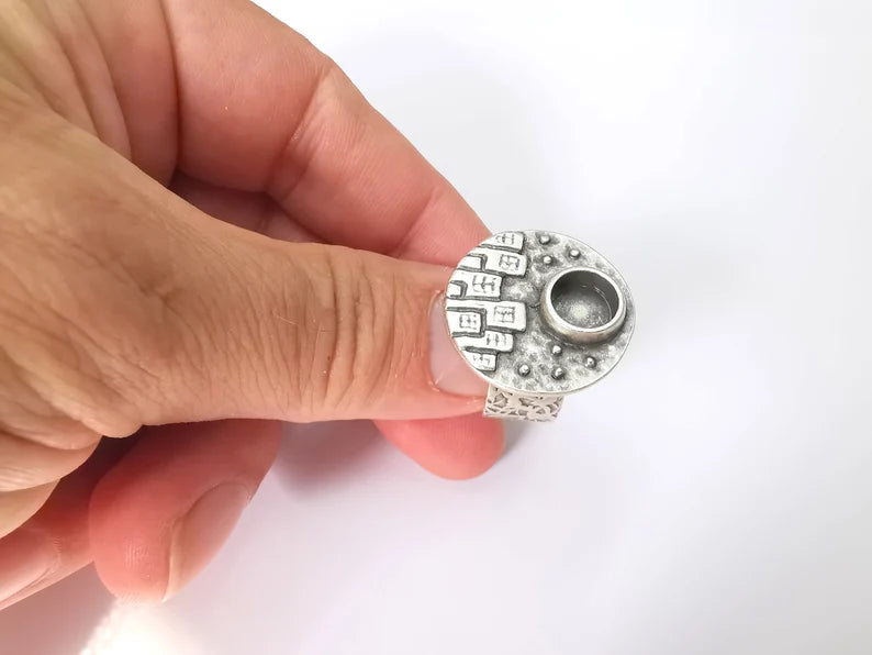 City Ring Blank Setting, Cabochon Mounting, Adjustable Resin Ring Base Bezels, Antique Silver Inlay Ring Mosaic Ring Bezel (8mm) G28610