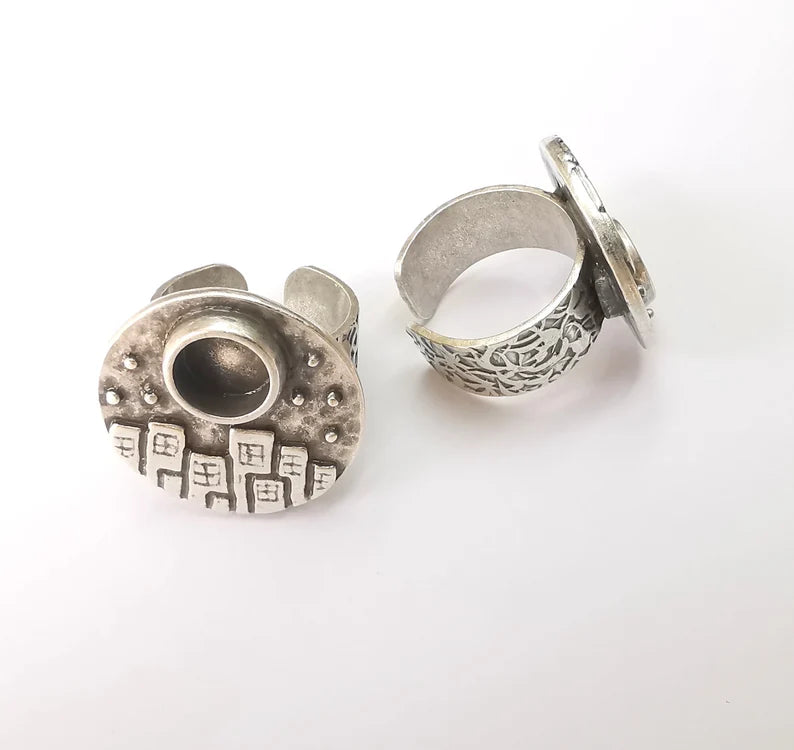 City Ring Blank Setting, Cabochon Mounting, Adjustable Resin Ring Base Bezels, Antique Silver Inlay Ring Mosaic Ring Bezel (8mm) G28610