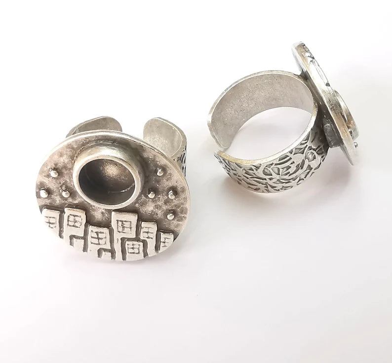City Ring Blank Setting, Cabochon Mounting, Adjustable Resin Ring Base Bezels, Antique Silver Inlay Ring Mosaic Ring Bezel (8mm) G28610