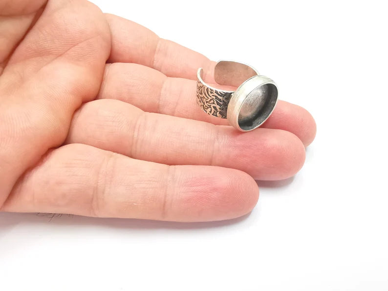 Round Antique Silver Ring Blank Setting, Cabochon Mounting, Adjustable Resin Ring Base Bezels, Inlay Ring Mosaic Ring Bezel (16mm) G28612