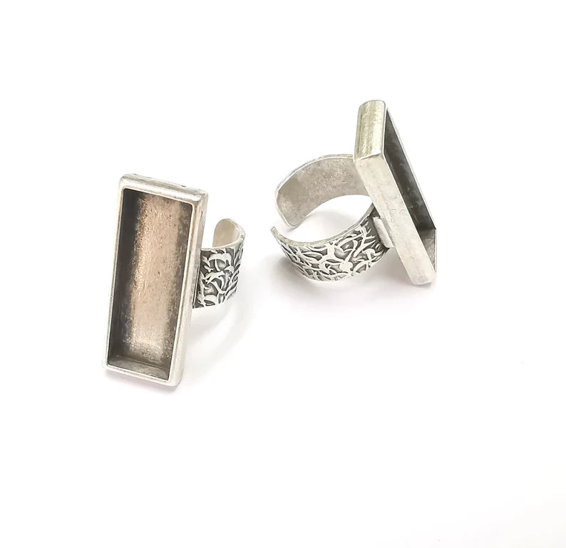 Rectangle Antique Silver Ring Blank Settings, Cabochon Mounting, Adjustable Resin Ring Base Bezel, Inlay Mosaic Ring Bezel (30x10mm) G28615