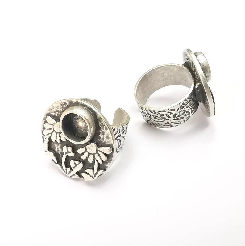 Flower Ring Blank Setting, Cabochon Mounting, Adjustable Resin Ring Base Bezels, Antique Silver Inlay Ring Mosaic Ring Bezel (8mm) G28617