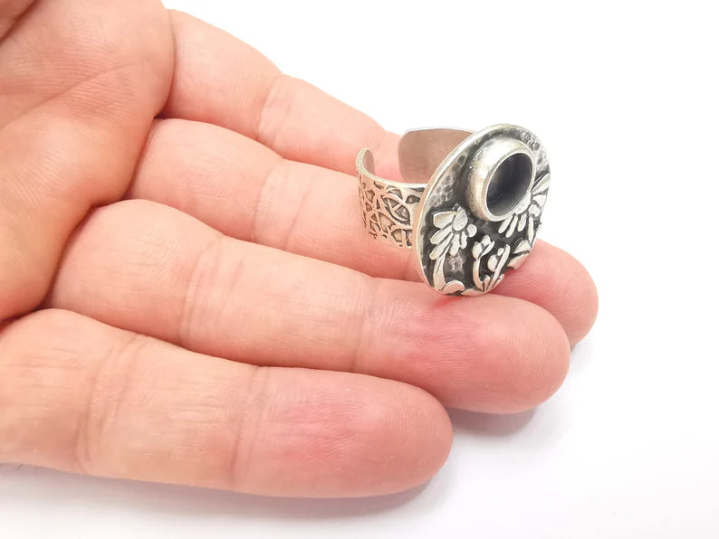 Flower Ring Blank Setting, Cabochon Mounting, Adjustable Resin Ring Base Bezels, Antique Silver Inlay Ring Mosaic Ring Bezel (8mm) G28617
