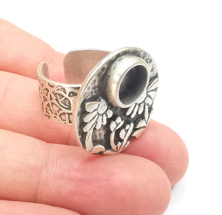 Flower Ring Blank Setting, Cabochon Mounting, Adjustable Resin Ring Base Bezels, Antique Silver Inlay Ring Mosaic Ring Bezel (8mm) G28617