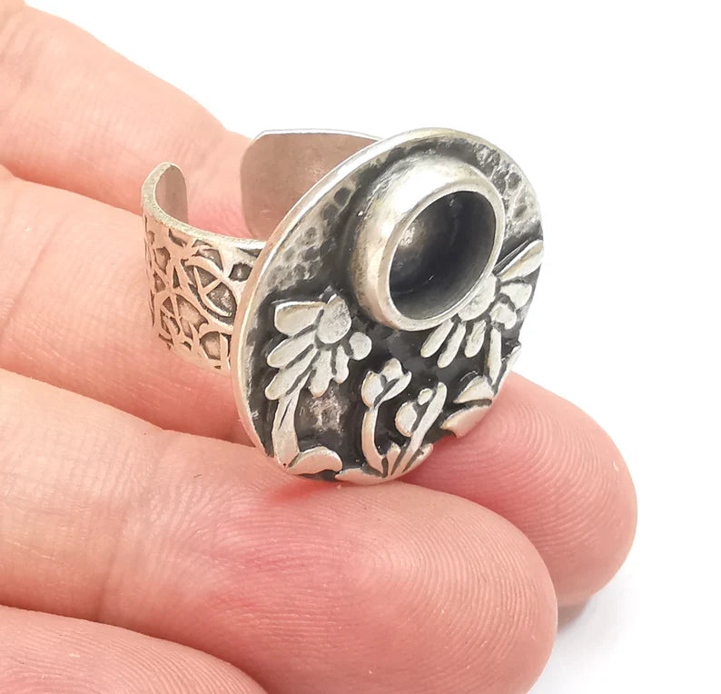 Flower Ring Blank Setting, Cabochon Mounting, Adjustable Resin Ring Base Bezels, Antique Silver Inlay Ring Mosaic Ring Bezel (8mm) G28617