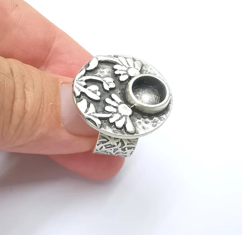 Flower Ring Blank Setting, Cabochon Mounting, Adjustable Resin Ring Base Bezels, Antique Silver Inlay Ring Mosaic Ring Bezel (8mm) G28617
