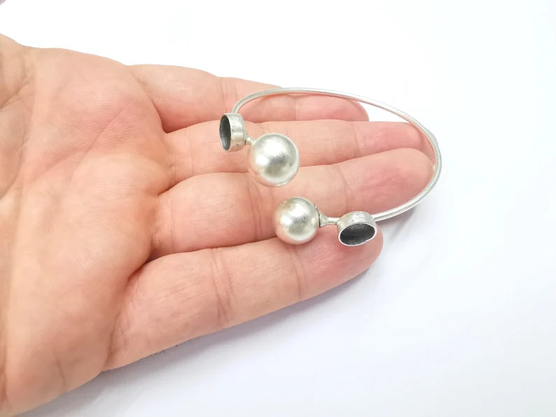 Silver Ball Head Bracelet Brass Cuff Blank Bezel Cabochon Base Adjustable Antique Silver (8mm blanks) G28621