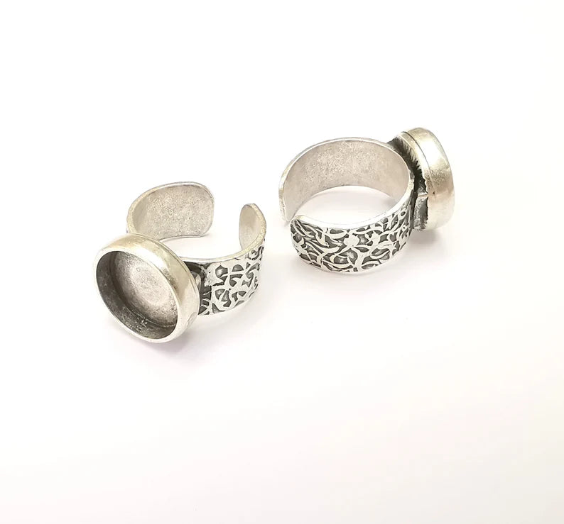 Round Antique Silver Ring Blank Setting, Cabochon Mounting, Adjustable Resin Ring Base Bezels, Inlay Ring Mosaic Ring Bezel (14mm) G28623