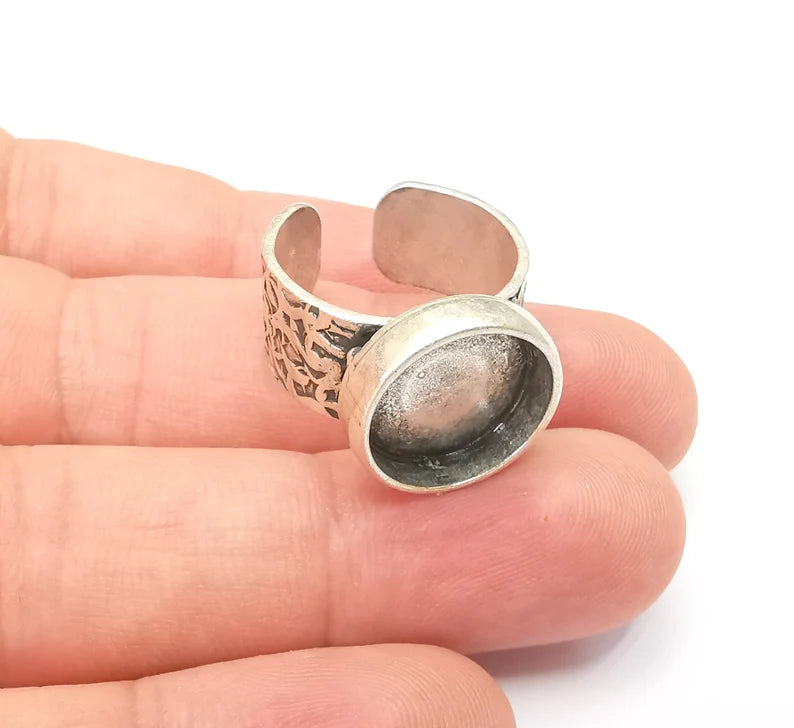 Round Antique Silver Ring Blank Setting, Cabochon Mounting, Adjustable Resin Ring Base Bezels, Inlay Ring Mosaic Ring Bezel (14mm) G28623