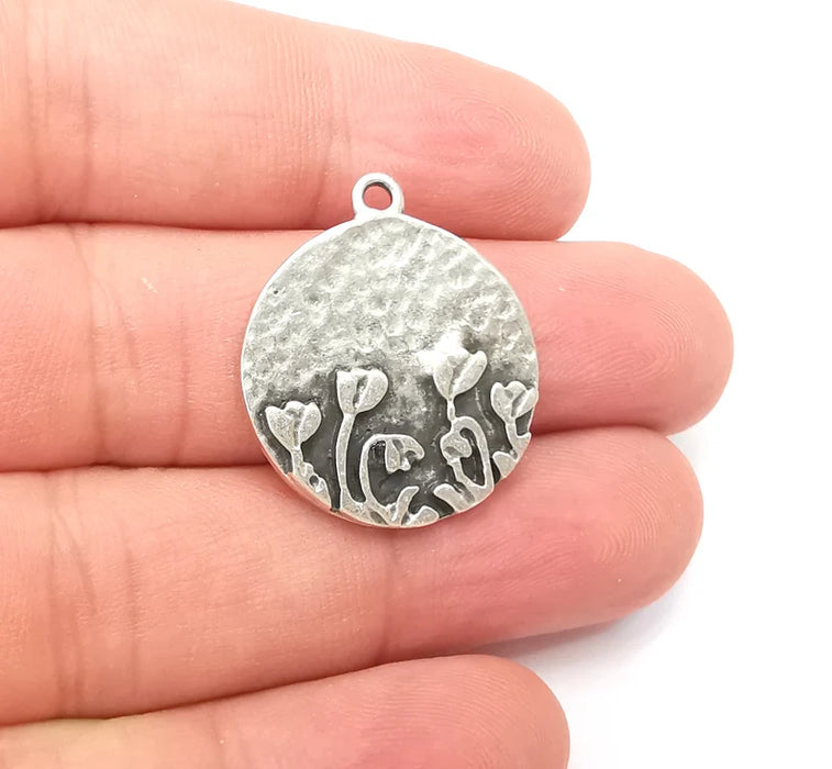 Flower Garden Charms Antique Silver Plated Hammered Charms (24mm) G28625