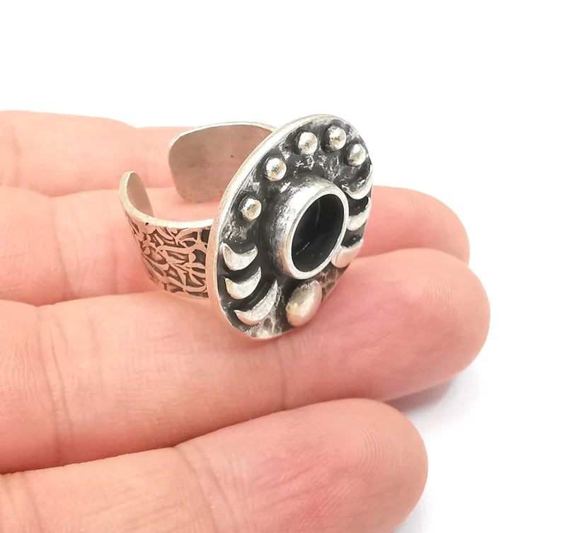 Crescent Moon Ring, The Phases of The Moon Ring Blank Setting, Cabochon Mounting, Adjustable Resin Base Bezels, Antique Silver (8mm) G28626