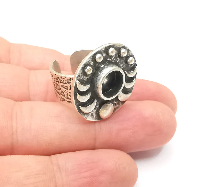 Crescent Moon Ring, The Phases of The Moon Ring Blank Setting, Cabochon Mounting, Adjustable Resin Base Bezels, Antique Silver (8mm) G28626