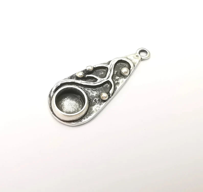 Drop with Buds Pendant Bezel, Resin Blank, inlay Mounting, Mosaic Frame Cabochon Base Dry Flower Setting, Antique Silver Plated (8mm) G28630