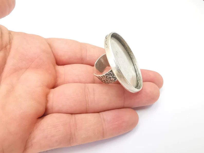 Round Antique Silver Ring Blank Setting, Cabochon Mounting, Adjustable Resin Ring Base Bezel, Inlay Ring Mosaic Ring Bezel (40mm) G28631