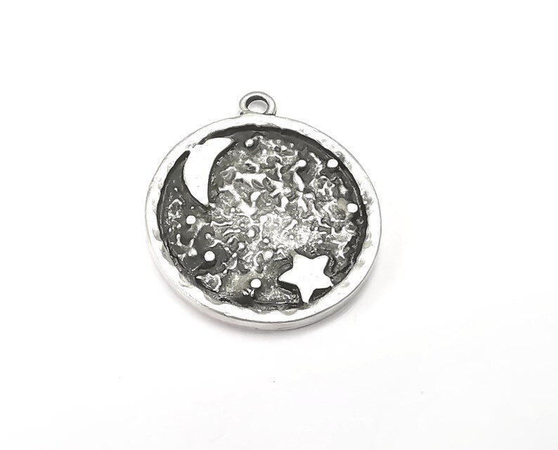 Crescent Start Charms Moon Pendant Antique Silver Plated (29x25mm) G28505