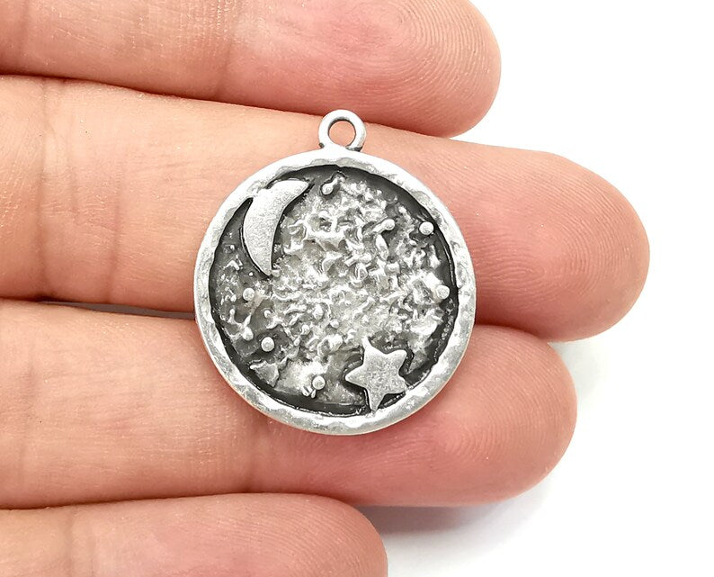 Crescent Start Charms Moon Pendant Antique Silver Plated (29x25mm) G28505