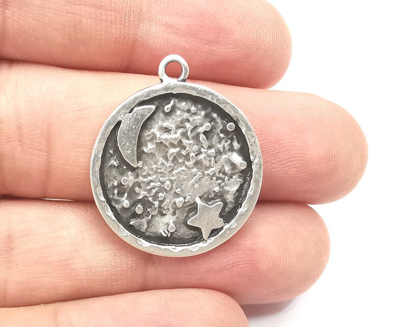 Crescent Start Charms Moon Pendant Antique Silver Plated (29x25mm) G28505