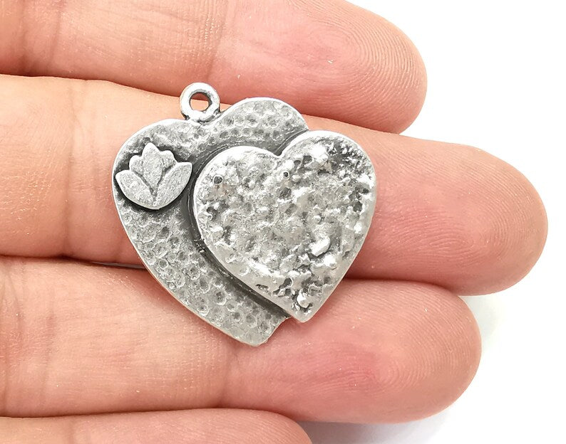Heart Lotus Charms Pendant Antique Silver Plated (28x28mm) G28507