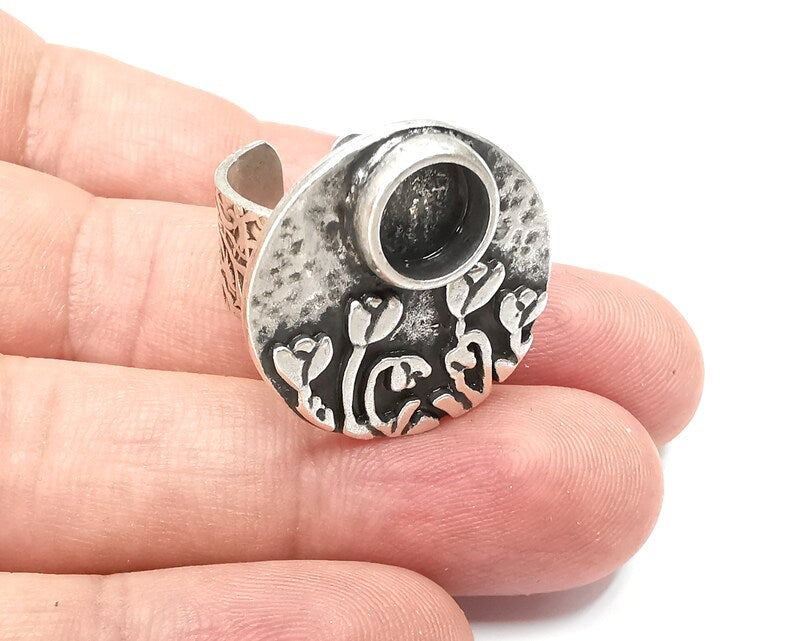 Flower Ring Setting , Tulip Ring, Hammered Round Ring Blank , Cabochon Mounting, Adjustable Resin Base Bezels, Antique Silver (8mm) G28635