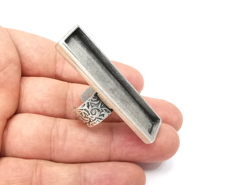 Rectangle Ring, Ring Blank Setting, Cabochon Mounting, Adjustable Resin Base Bezels, Antique Silver Plated (50x10mm) G28637