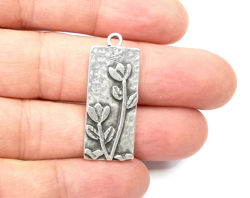 Flowers Rose Garden Charms Antique Silver Plated Plants Charms (35x14mm) G28511