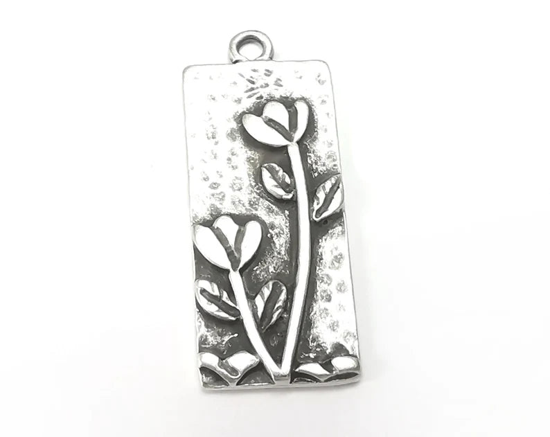 Flowers Rose Garden Charms Antique Silver Plated Plants Charms (35x14mm) G28511