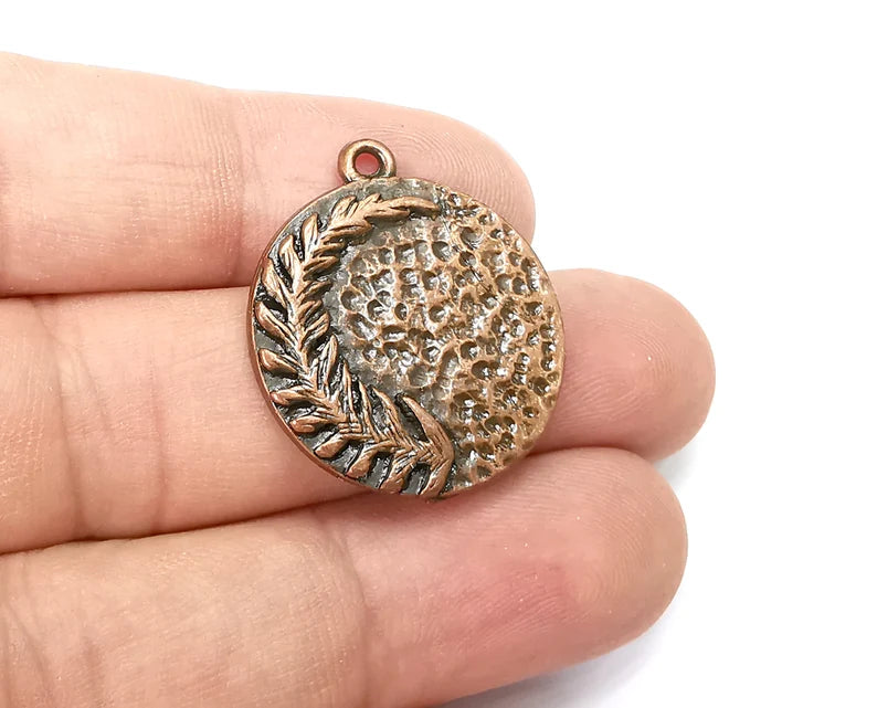 Fern Leaf Charms Hammered Disc Pendant Antique Copper Plated (27x24mm) G28519