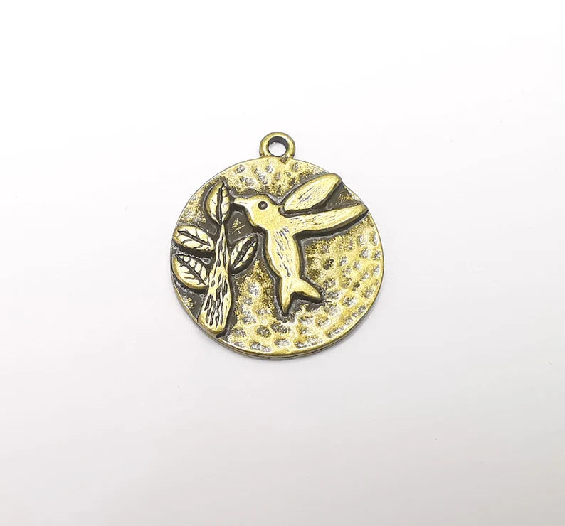 Hummingbird and Flower Charms, Antique Bronze Plated Bird Charms (25mm) G28640